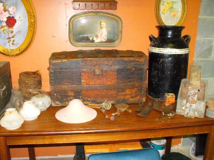 antique treasure chest ,milk can,