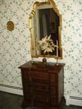 gold mirror, 2 drawer chest Mahogany