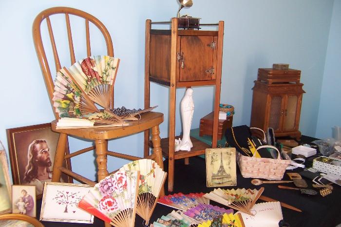 Antique child's chair, fans, vintage telephone table and jewelry boxes