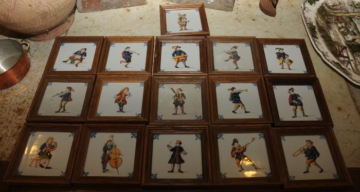 LARGE COLLECTION [16] OF FRAMED DUTCH DELFT POLYCHROME OCCUPATIONAL TILES