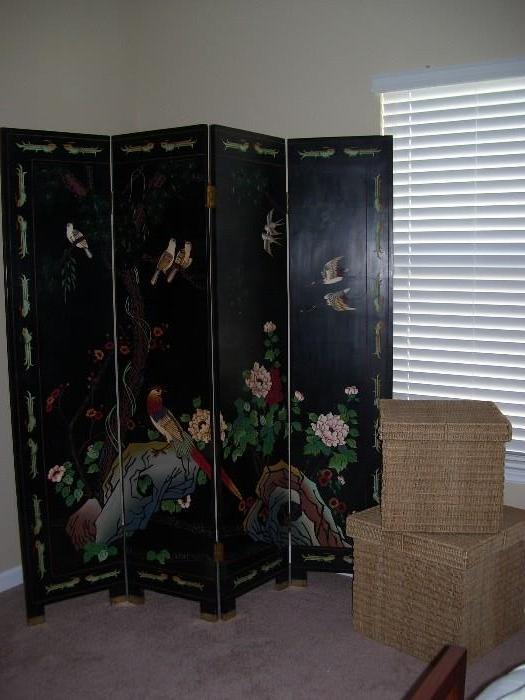 Four panel Oriental screen with two Madras boxes from Ethan Allen