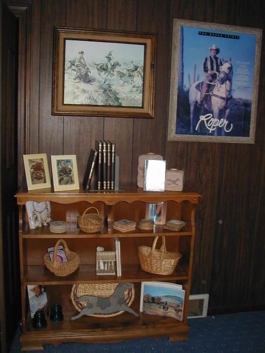 Maple book case & western pictures