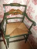 Green Painted & Eagle Decorated Side Chair with Woven Rush Seat