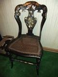 Rococo Papier-Mache Chair. Black-Lacquered inlaid Mother of Pearl & Cane Seat