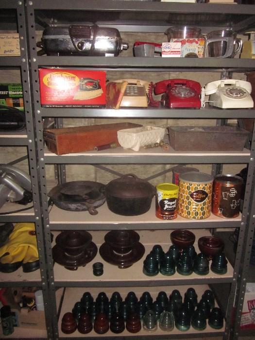 Vintage, phones, Electrical insulators, cast iron pot and pans