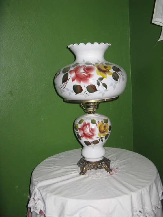 VINTAGE HURRICANE LAMP WITH ROSES