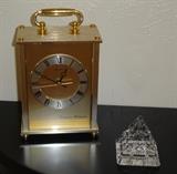 Seiko Westminster chime carriage clock, Waterford paperweight