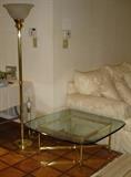 Brass torchiere lamp, brass & glass table