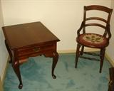 Broyhill Queen Anne end table, antique chair with needlework seat