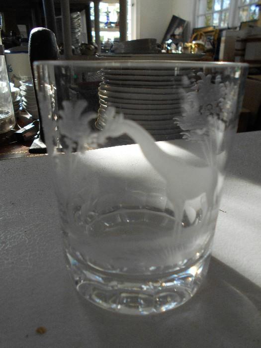 set of crystal glasses with African animals etchings