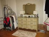 Ivory and gold bedroom set. Many nice ladies clothes, name brands, cashmere and angora, wool. etc.