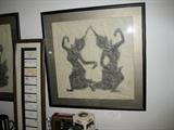 pair of Asian block prints, hand rubbed, antique