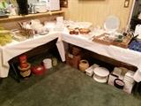 dishes, casserole dishes,silverware, nesting bowls, teapots