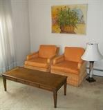 Peachy textured side chairs and Drexel Heritage coffee table.