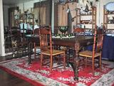 Dining room table with 2 leaves, 6 ladder back/rush seat chairs, server with pull-outs, etc.