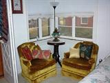 Marble top oval table, pr. O/S chairs, etc.