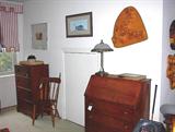 Maple slant front desk, chair and small chest of drawers, etc.
