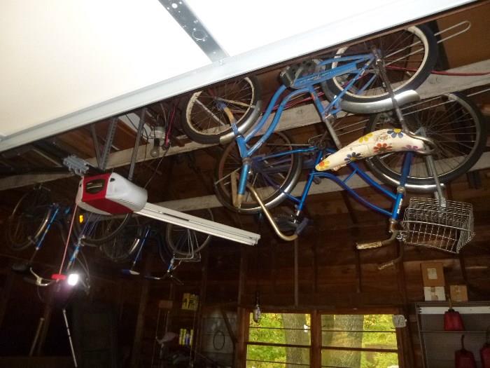 Vintage bikes on the garage ceiling 
