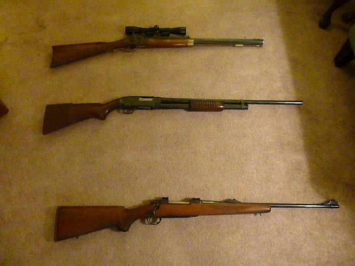Top: Spanish made black powder rifle (scope will be sold separately) Middle: 16 Gage Winchester Model 12 Bottom: Model 77 Ruger 30/06