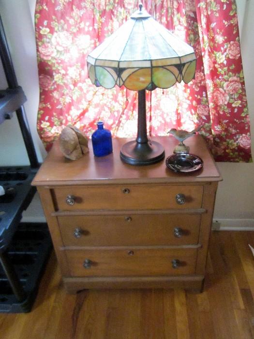 Victorian three drawer chest, slag glass lamp and misc.