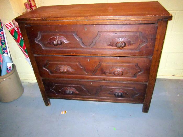 Victorian three drawer chest with fruit pulls.