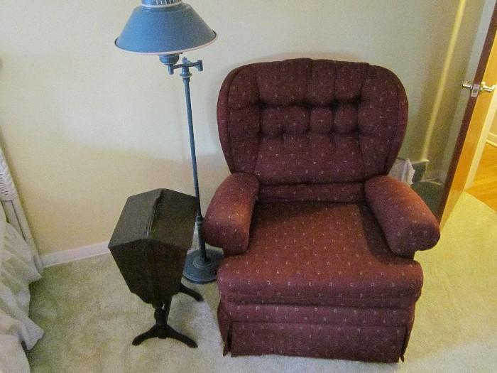Recliner, sewing stand & lamp.