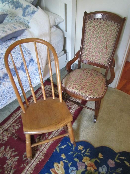 Pair of antique chairs, one a Windsor style the other a Victorian rocker.