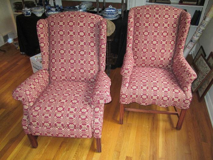 Custom made recliner and matching wing back chair.