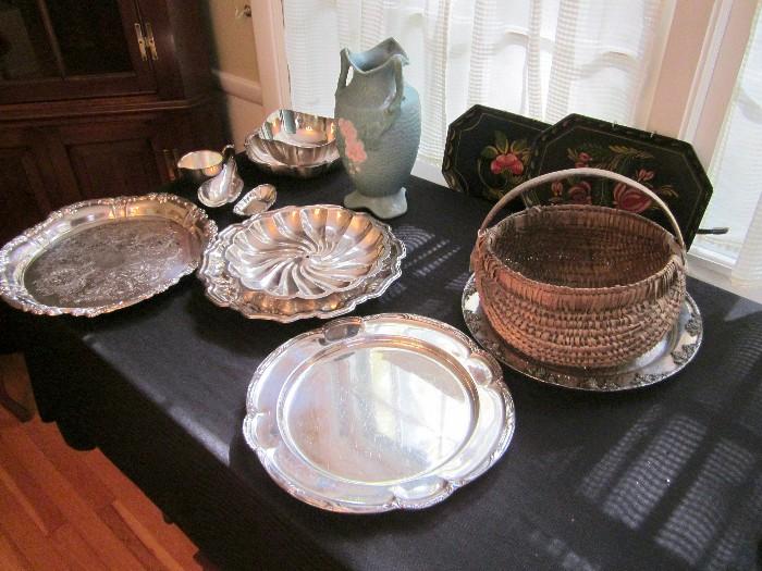 Weller vase, silver plate, antique basket and two antique tole trays.