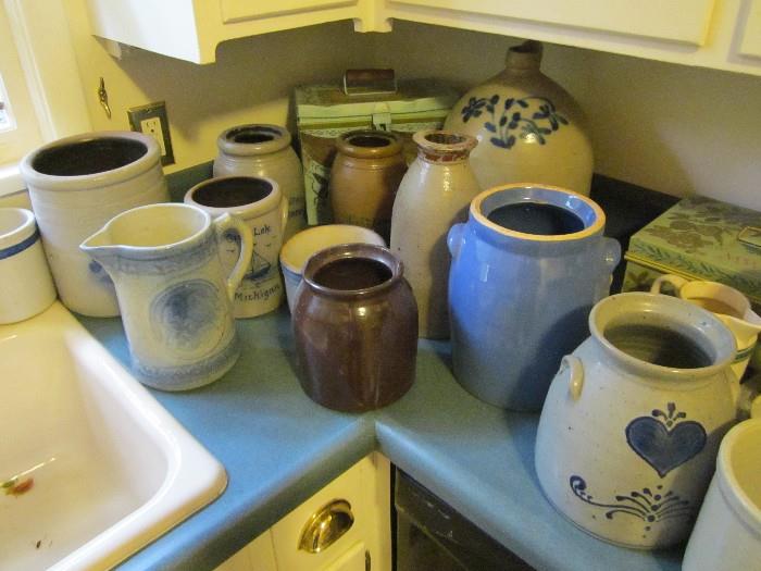 Selection of blue decorated and regular stoneware. Some antique, some newer.