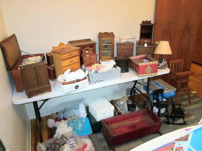 Antique doll and child furniture. Several boxes of smaller doll furniture. Will show dolls & furniture in later photo.