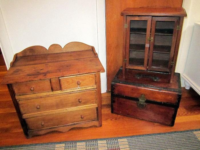 Child size antique chest, trunk & cupboard.