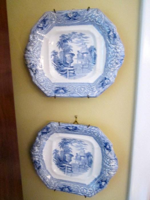 Antique English blue decorated shallow bowls.