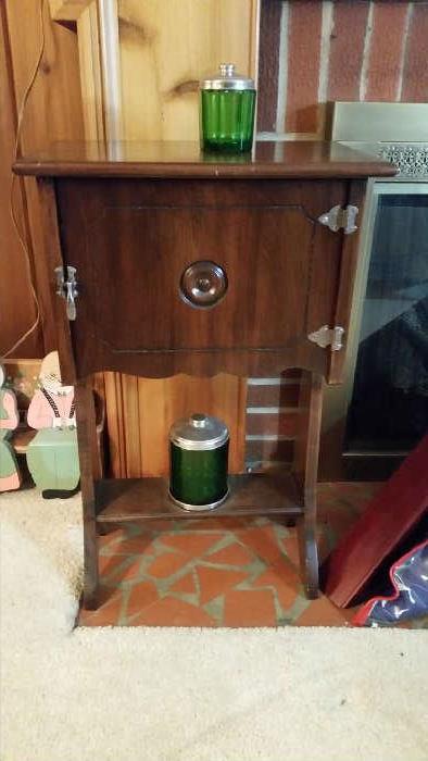 Vintage Smoking Stand with Original Green Cigar and Cigarette Jars