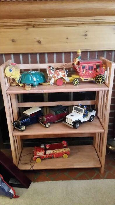 Fisher Price toys from the 1950's-Stagecoach, Timmy Turtle, and Fire Truck--Tin Japan Cars and Battery Jeef