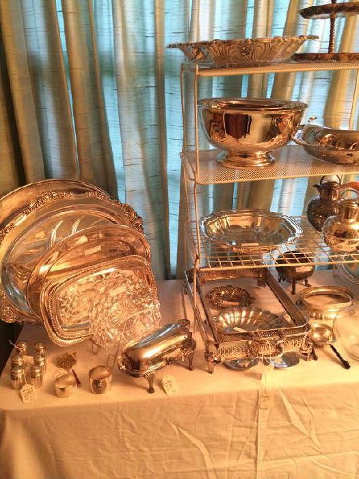      Great assortment of silver plate serving pieces;