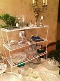  Crystal serving pieces & silver plate candle sticks;