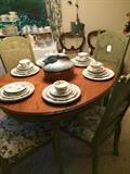        Breakfast table/4 chairs; Johnson Brothers English "Indian Tree" china; bunny casserole; 