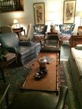 Sofa; variety of chairs; bamboo style coffee table; lovely 9 x 12 rug;