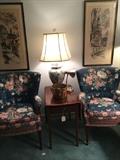     Matching armed chairs; drop leaf side table;