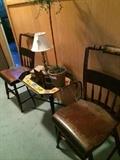   Two more of the 6 antique Hitchcock chairs; tray table; lamp; other décor;