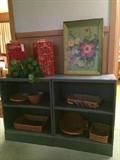         Blue painted shelves; baskets; enamel tray;