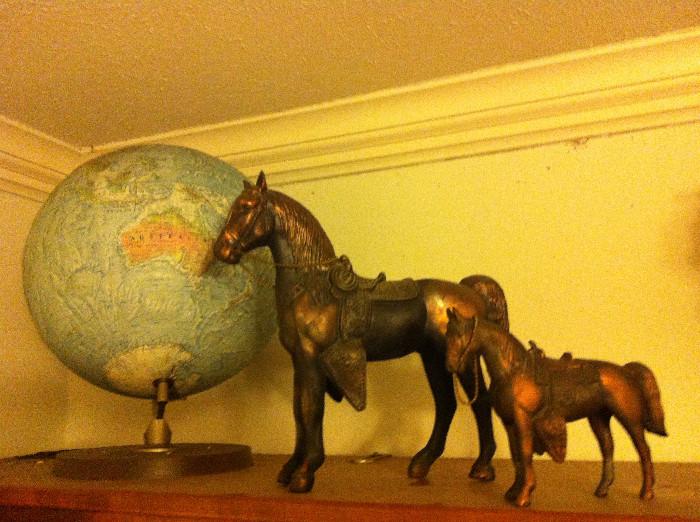 Vintage World Globe and two vintage Bronze finish Horses 