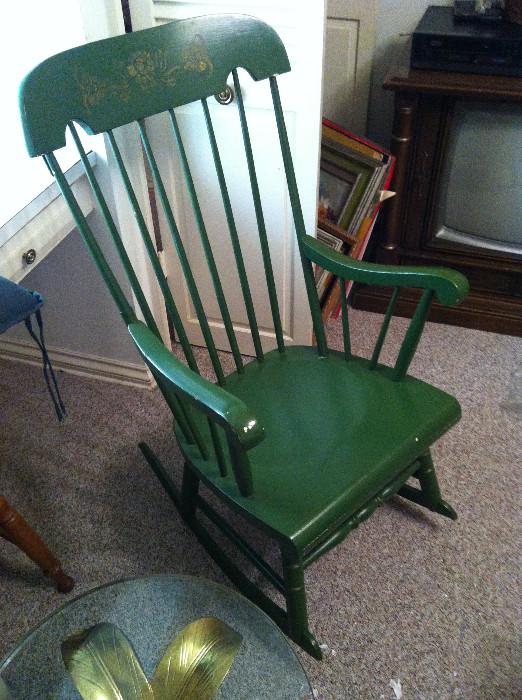 Old Rocking Chair, painted green with some gold stencil 