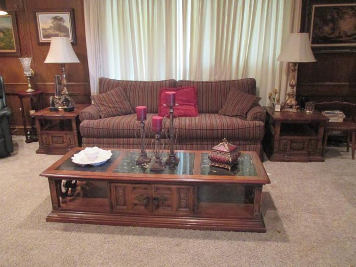 Nice clean well cared for vintage furniture.   Large 1970's coffee table with black marble inset top by Stanley Furniture and two matching end tables by Stanley Furniture, two matching lamps and a very clean sofa