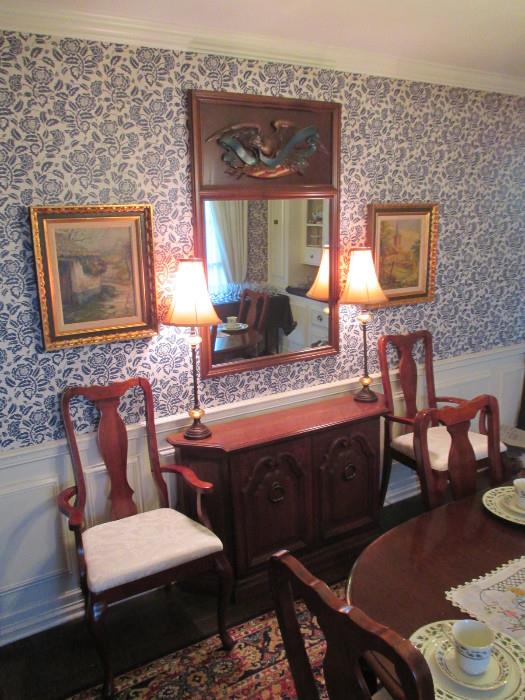 Neo Federal Style Mirror, two matching lamps, and 1970's Console Credenza cabinet plus the two Queen Anne Arm chairs that are part of the dinning room set. 