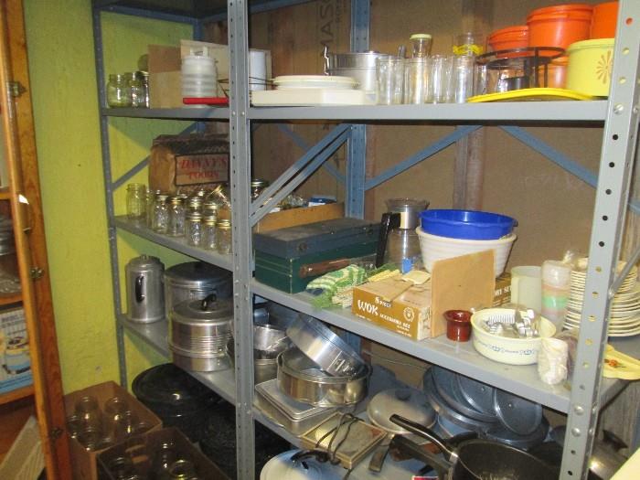 Basement kitchen wares and lots of canning jars