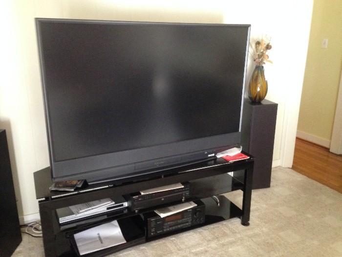 56" Mitsubishi projection TV with new bulb; TV stand, blue ray player, dvd player, stereo system and speakers