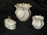 Irish Beleek Signature Shamrock Trinket Box (4" x 2.5"), Neptune Vase (4.5" H x 5"D), Neptune Vase (3" x 3")
