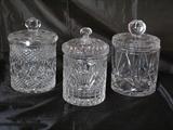 Crystal Biscuit Jars: L-Cut Crystal , Maker Unknown (8"x5"), M- Godinger "Freedom" (7" x 4"), R-Maker Unknown (8" x 5")